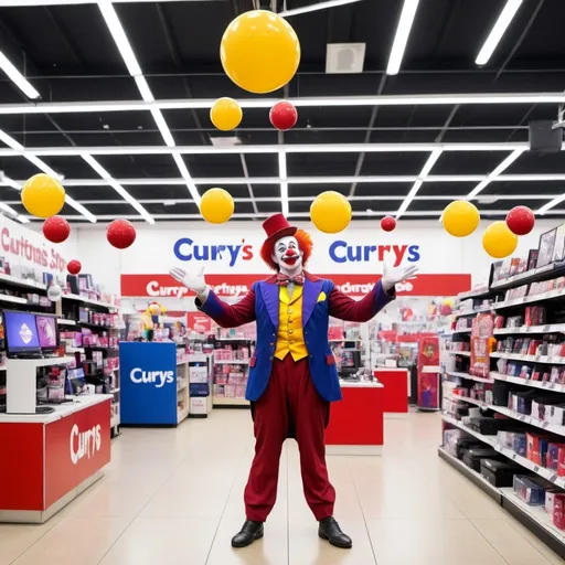 Prompt: A mini circus with circus clown juggling in the middle of Currys electronics store with Currys logo visible
