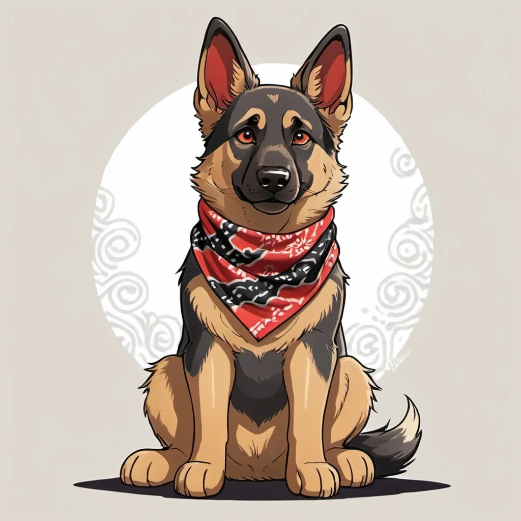 Prompt: 2d studio ghibli anime style, A dog sitting down (German Shepard) with a red and black bandana around its neck with a wavey pattern. In a cartoon style but semi realistic.