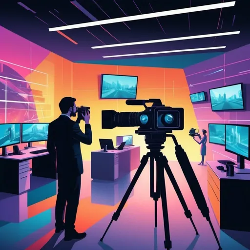 Prompt: Create, a videographer recording corporate video in a big futurism office this image same a illustration whiht vibrant colors. This is a artistic illustration for important article  