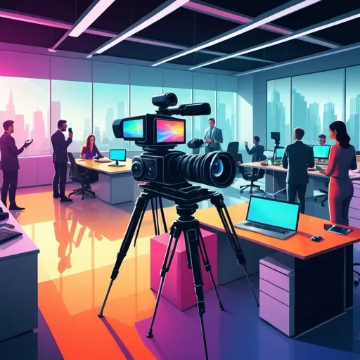 Prompt: Create, a videographer recording corporate video in a big futurism office whit must people working this image same a illustration whiht vibrant colors. This is a artistic illustration for important article  