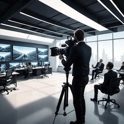 Prompt: Create, a videographer recording corporate video in a big futurism office this image same a illustration  
