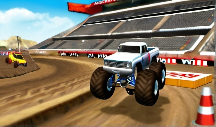 Prompt: Monster 4x4: World Circuit, Monster Truck Game, Wii Screenshot, HD,