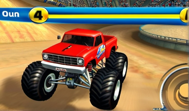 Prompt: Monster 4x4: World Circuit, Monster Truck Game, Wii Screenshot, HD,