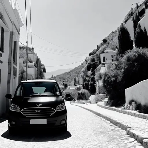 Prompt: monochromatic without gradient line art of front view of black  minivan travelling in Greece
