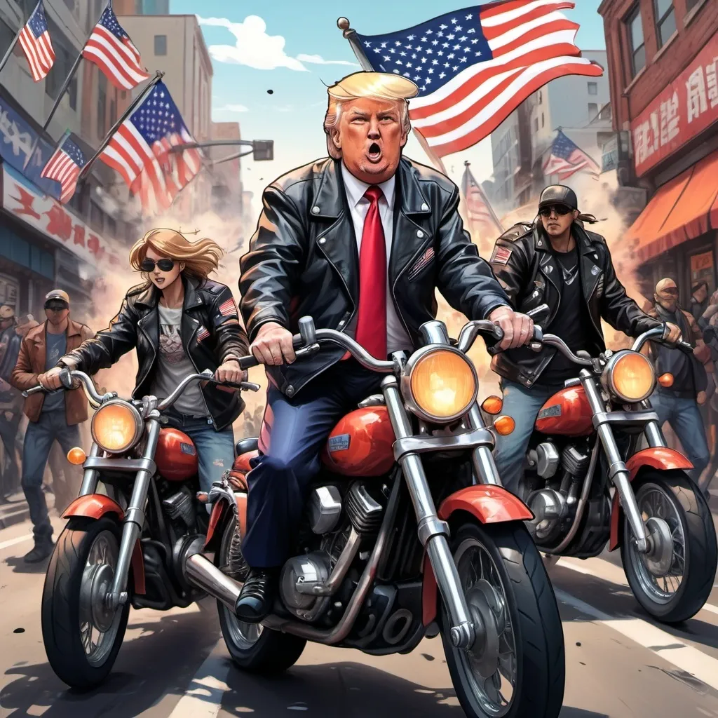 Prompt: trump with bikers and American flags ANIME