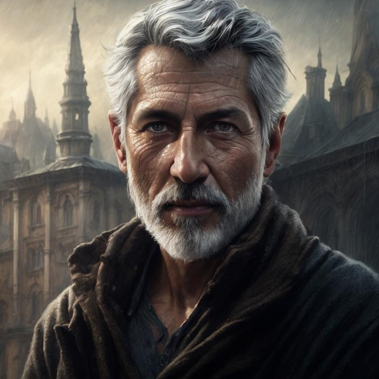 Prompt: Close-up photo of a gray-haired man 50 years old, handsome face in full view, fantasy, fantastic, atmospheric, photorealistic, masterpiece, HDR, Greg Rutkowski, Edmund Leighton, Artgerm, WLOP, volumetric lighting, super detailed complex detailing, deep shadows, deep color, warm colors Unreal Engine 5 natural lighting