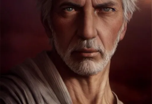 Prompt: Close-up photo of a gray-haired man 50 years old, handsome face in full view, fantasy, fantastic, atmospheric, photorealistic, masterpiece, HDR, Greg Rutkowski, Edmund Leighton, Artgerm, WLOP, volumetric lighting, super detailed complex detailing, deep shadows, deep color, warm colors Unreal Engine 5 natural lighting
