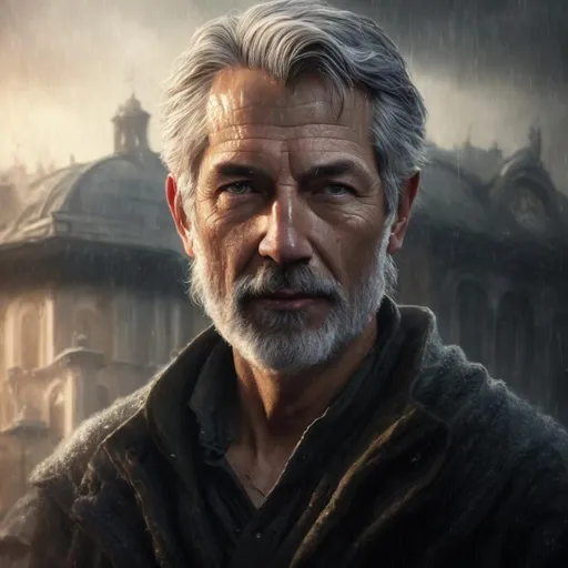 Prompt: Close-up photo of a gray-haired man 50 years old, handsome face in full view, fantasy, fantastic, atmospheric, photorealistic, masterpiece, HDR, Greg Rutkowski, Edmund Leighton, Artgerm, WLOP, volumetric lighting, super detailed complex detailing, deep shadows, deep color, warm colors Unreal Engine 5 natural lighting