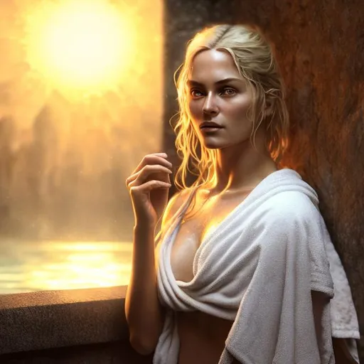 Prompt: Close-up photo of a blonde woman, 38 years old, beautiful face in front, in a towel, Renaissance, in a sauna, sweating at sunset, fantasy, fantastic, atmospheric, photorealistic, masterpiece, HDR, Greg Rutkowski, Edmund Leighton, Artgerm, WLOP, volumetric lighting, super detailed complex detailing, deep shadows, deep color, warm colors Unreal Engine 5 natural lighting
