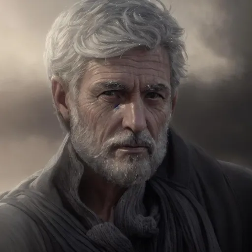 Prompt: Close-up photo of a gray-haired man 50 years old, handsome face in full view, fantasy, fantastic, atmospheric, photorealistic, masterpiece, HDR, Greg Rutkowski, Edmund Leighton, Artgerm, WLOP, volumetric lighting, super detailed complex detailing, deep shadows, deep color, warm colors Unreal Engine 5 natural lighting