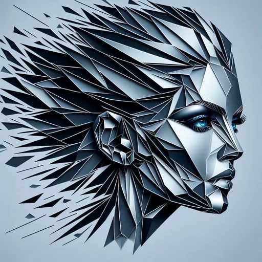 Prompt: Silhouette of polygonal woman's face, 4k, metal colored, open blue eyes, artistic, impressive, beautiful, polygonal design, high contrast, striking shadows, modern art