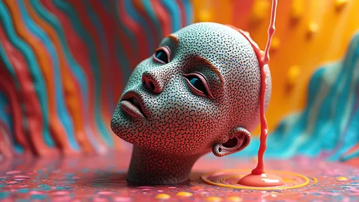 Prompt: Liquid pouring over a densely dotted female head, open detailed eyes, (bright colors), dynamic movement, exaggerated flow, abstract art style, striking contrast between the patterns, foreground with focus on the head and body, intricate details in the stripes, smooth texture of the liquid, visually captivating, playful ambience, (highly detailed) design, (3D illustration), colorful background enhances visual impact.