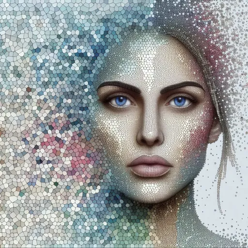 Prompt: woman's face made of very small octagonal mosaic stones, the mosaic stones have different pastel colors, she looks to the front, the eyes look realistically blue and detailed, towards the back the mosaic stones dissolve and leave a cloud of dust that forms the background