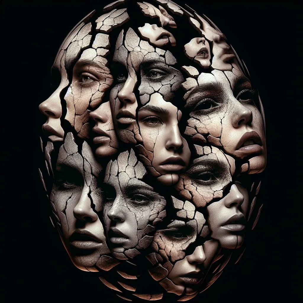 Prompt: Nested portrait of broken female faces, each face inside another broken face, surreal, detailed, eerie, haunting, dark tones, intricate details, high quality, haunting, surreal, portrait with broken face, nested, eerie, dark tones, detailed, intricate, nested, haunting lighting