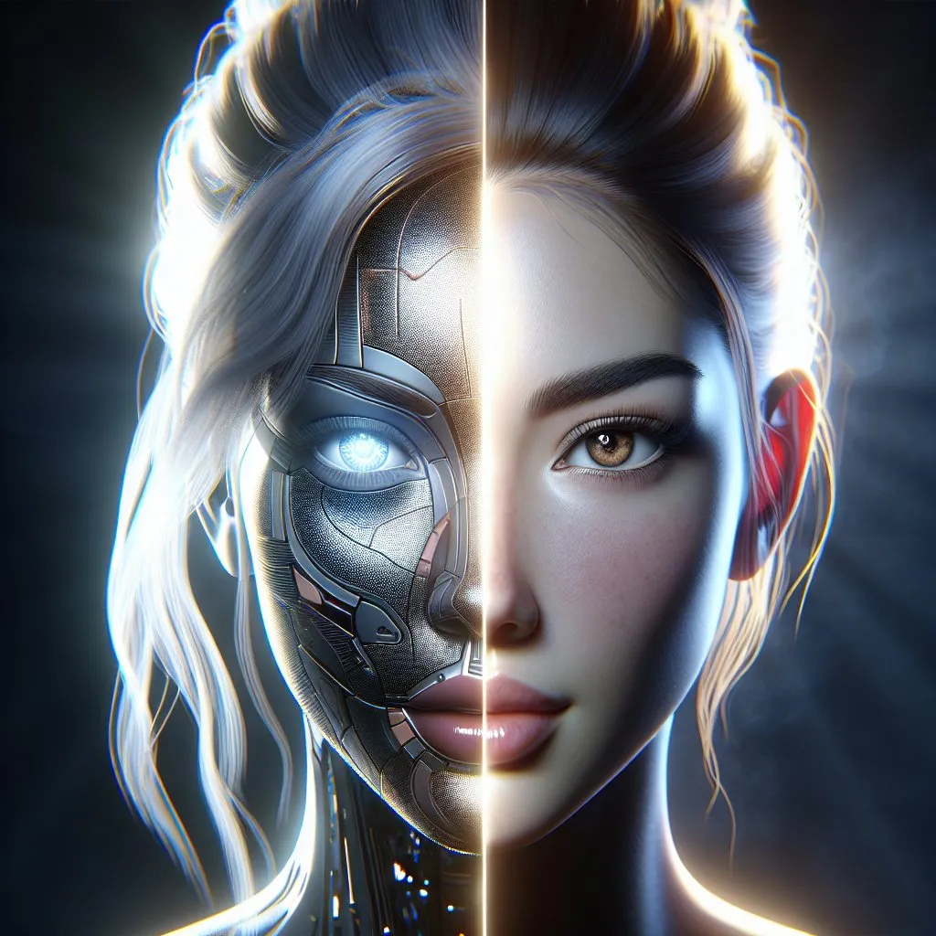 Prompt: a female vector head is split in the middle, on the left half is a blue-eyed punk woman, on the right half is a futuristic brown-eyed woman, the two halves of the vector head fall apart, there is a large gap on the forehead, there is a smaller gap on the neck, a bright light comes from the wide gap, detailed, professional, futuristic lighting. 4k, artistic, impressive, beautiful, high contrast, expressive representation, enigmatic atmosphere, high resolution, detailed, mysterious, abstract, surreal, enigmatic, intricate details, ethereal, emotional, minimalist, deep shadows,