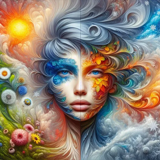 Prompt: 4 seasons, spring, summer, autumn and winter, a woman's face with blue eyes and tousled short blue hair is in the center, the 4 seasons are shown around her. 4k, artistic, impressive, beautiful, high contrast, expressive representation, high resolution, detailed, abstract, surreal, intricate details, ethereal, emotional,