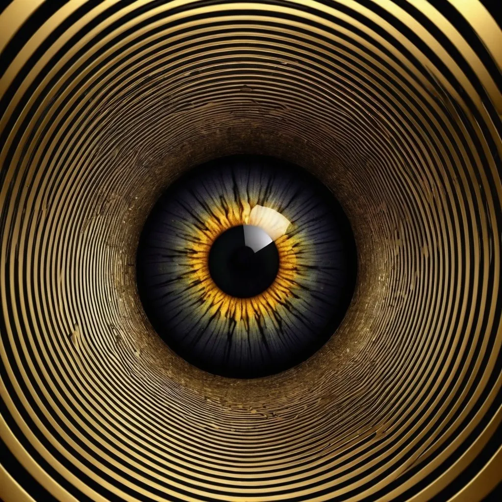 Prompt: Endless round gold black striped tunnel with an golden lightening human eye in it, very detailed exciting unique multi colored iris, realistic,, high contrast, detailed shadows, surreal perspective, optical illusion, high quality,  surreal, detailed, high contrast, endless, striped pattern, surreal perspective, infinite depth, detailed shadows, optical illusion, atmospheric lighting