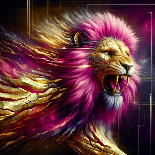 Prompt: realistic roaring lion with magenta mane coming out of cracked golden skin  body,  very detailed, realistic, futuristic, analytical art, detailed, artistic photo, high Quality, realistic style, futuristic broken background