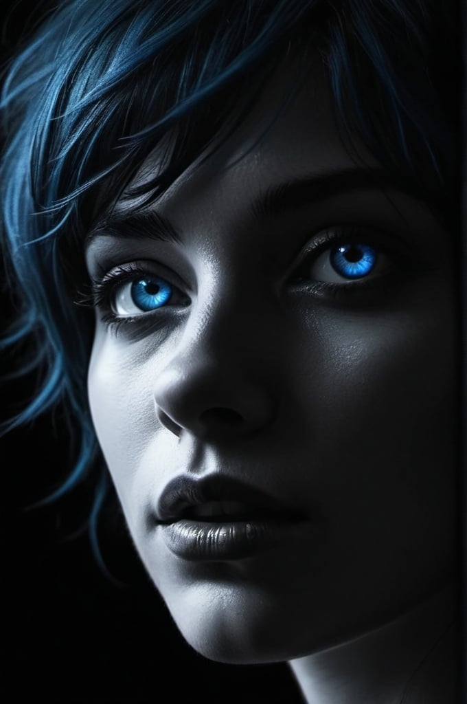 Prompt: Silhouette of a monochrome woman's face, only the blue eyes and short shaggy blue hair are depicted realistically and in detail.4k, artistic, impressive, beautiful, high contrast, detailed lines, expressive depiction, chaotic yet harmonious composition, sensual and enigmatic atmosphere, high resolution, detailed, mysterious, abstract, surreal, monochrome, mood lighting, enigmatic, intricate details, ethereal, emotional, minimalist, dark tones, deep shadows