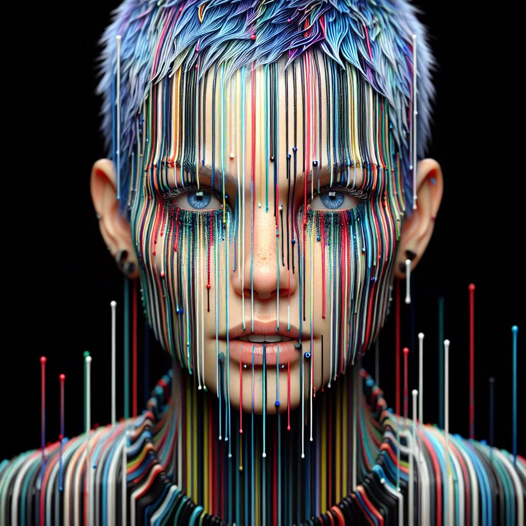 Prompt: A realistic punk girl with a multicolored face, the colors run vertically across the face in narrow stripes, dripping and running drops of color over the entire face and upper body, full body portrait from above, between the colored stripes there are white color stripes, the blue ones Eyes and short blue hair are realistic and very detailed