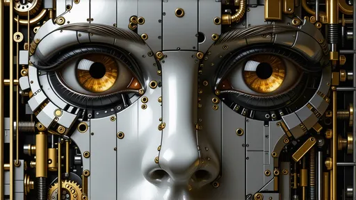 Prompt: (mechanical 3D face with detailed eyes), intricate details, gears and springs, metallic textures, complex layering, steampunk aesthetic, high contrast lighting, shadows enhancing depth, cold metallic tones with brass accents, (ultra-detailed), imaginative design, futuristic technology, vivid representation, sharp focus on intricacies, dynamic composition, engaging atmosphere.