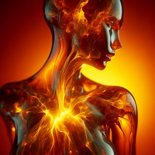 Prompt: transparent woman body made of resin glass filled with yellow plasma on orange background, abstract art, high quality, intense colors, ethereal, surreal, vivid, detailed features, glowing plasma, professional lighting, abstract, dreamy, fiery tones, high resolution, artistry
