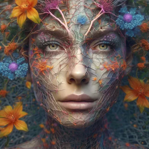 Prompt: Realistic, Detailed, Beautiful colorful Neuron women Face Portrait, mesh in the Skin, detailed lightening, eyes, Intricately Structured, Unknown Plants with small flowers, Surreality, Hyper Detailed, Ultra Sharp 3D Rendering, Focus Face, Top Shot