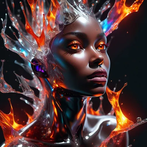 Prompt: 3D face of a dark-skinned woman made of transparent ice emerging from a black pointed matrix, surrounded by a fire, bright colors, high quality rendering, surreal, digital art, intense lighting, fiery hues, detailed features, futuristic, abstract, surreal, 3D rendering, variable hues, high energy, dynamic composition
