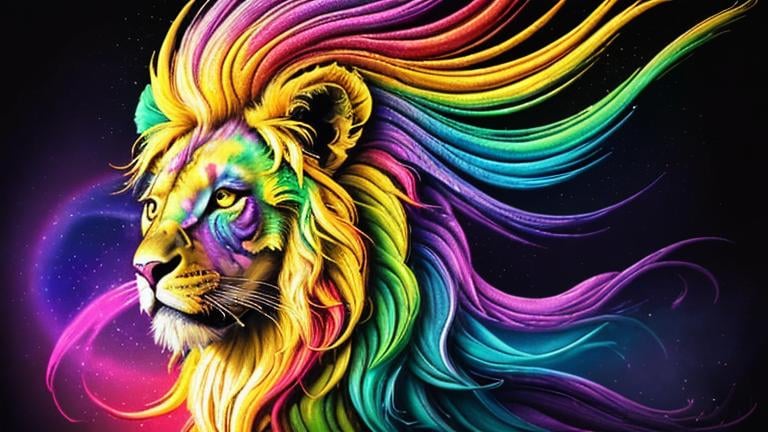 Prompt: "Quaternity rainbow iridescent psychedelic art 8k resolution holographic astral cosmic illustration mixed media by Pablo Amaringo bold strokes melting acrylic splash art trending on deviant art"
a yellow lion head is in it, background is white Background