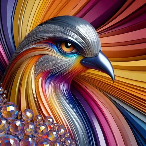 Prompt: Glamorous bird with crystal body,  multicolored background, hyper detailed, high quality, beautiful composition, stunning beauty, crystal-like skin, mesmerizing gaze, colorful background, realistic details, highres, intense eyes, elegant pose