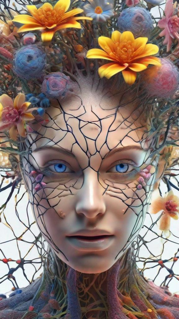 Prompt: Realistic, Detailed, Beautiful colorful Neuron women body Portrait, mesh in the Skin, detailed lightening eyes, Intricately Structured, Unknown Plants with small flowers, Surreality, Hyper Detailed, Ultra Sharp 3D Rendering, Focus Face, Top Shot