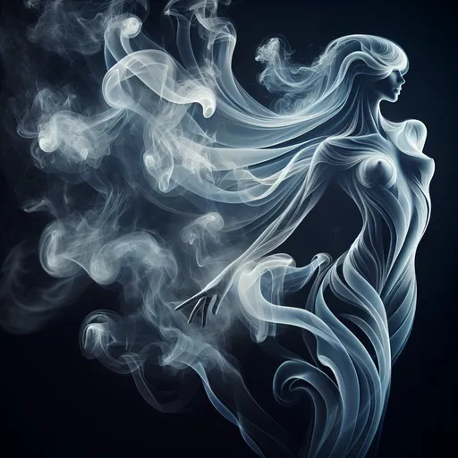 Prompt: Smoke woman sculpture, ethereal and delicate, wisps of smoke forming a feminine figure, transparent and airy, high quality, mystical, surreal, delicate forms, translucent, artistic rendering, soft lighting, pastel tones, detailed wisps, artistic, dreamy, evanescent, elegant