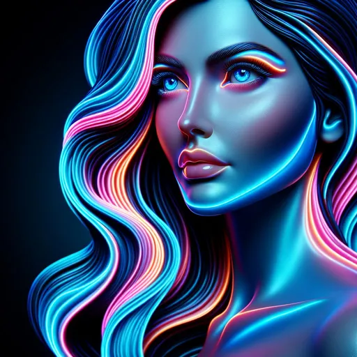 Prompt: a perfect female beauty. face and body are made of a neon-colored liquid. She has expressive blue, realistic eyes that look directly at the viewer. Long hair and pronounced cheekbones underline the natural beauty of a perfect woman. She has soft-focused, even and smooth skin made of a flowing neon-colored liquid. She is of magnificent, perfect, overwhelming, gorgeous, flawless, radiant, classic, strict, austere beauty.
The finely drawn neon-colored background underlines her breathtaking beauty.