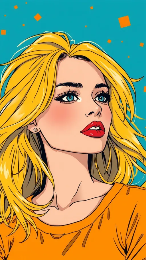 Prompt: (illustration of a women with blonde hair), (fine manga lines), vibrant dark yellow and light azure,  dramatic orange accents,  (hyper-detailed),  80th background , captivating and beautiful composition, showcasing a whimsical aesthetic, perfect for art print lovers, wondrous and evocative atmosphere.