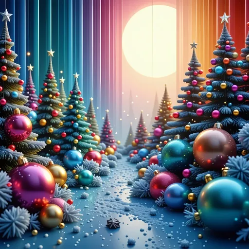 Prompt: (3D Christmas theme), bold warm rainbow colors, symmetrically centered, detailed geometric patterns, harmonious design, bright highlights, smooth texture, great depth, captivating charisma, mesmerizing visual elements, modern aesthetics, ultra-detailed, HD quality, light background in pastel tones with overflowing gradients that convey a feeling of balance and calm.