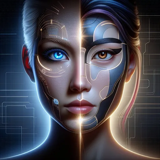 Prompt: a female vector head is split in the middle, on the left half is a blue-eyed punk woman, on the right half is a futuristic brown-eyed woman, there is a large gap on the forehead, there is a smaller gap on the neck, a bright light comes from the wide gap, detailed, professional, futuristic lighting. 4k, artistic, impressive, beautiful, high contrast, expressive representation, enigmatic atmosphere, high resolution, detailed, mysterious, abstract, surreal, enigmatic, intricate details, ethereal, emotional, minimalist, deep shadows,