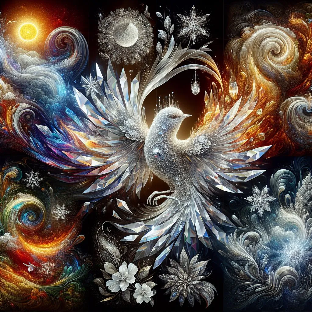 Prompt: 4 seasons, spring, summer, autumn and winter, a Glamorous bird with crystal body and face is in the center, the 4 seasons are shown around it. 4k, artistic, impressive, beautiful, high contrast, expressive representation, high resolution, detailed, abstract, surreal, intricate details, ethereal, emotional,