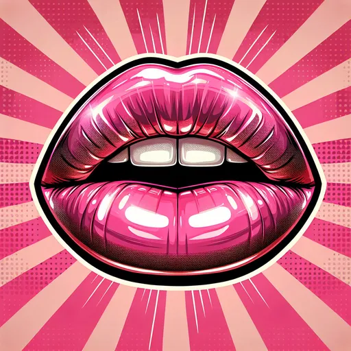 Prompt: glossy pink lips, vibrant pop art style, glossy finish, white teeth,  vibrant pink background, high quality, detailed, pop art, glossy, vibrant, pink, lips, painting, vibrant background, detailed, high quality