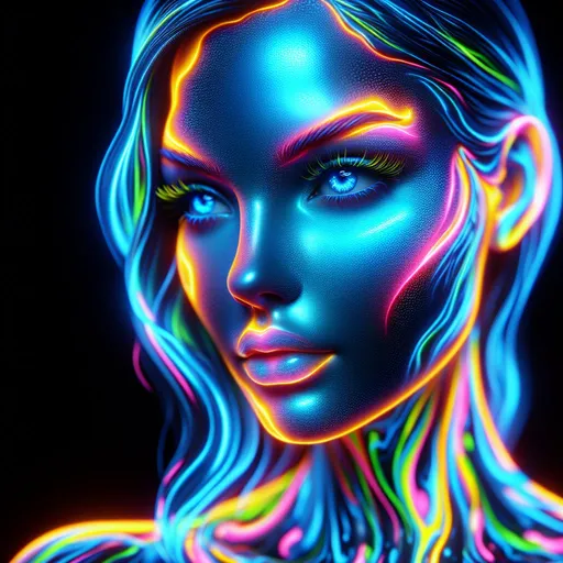 Prompt: a perfect female beauty. her face and body are made of a neon-colored liquid. She has expressive blue, realistic eyes that look directly at the viewer. Long hair and pronounced cheekbones underline the natural beauty of a perfect woman. She has soft-focus, even and smooth skin made of a flowing neon-colored liquid. She is of magnificent, perfect, overwhelming, gorgeous, flawless, radiant, classic, strict, austere beauty.
her body emerges from a neon-colored sea