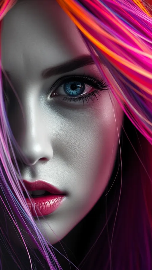 Prompt: Monochrome portrait of a woman's face, (detailed blue eyes), (high contrast), (detailed facial features), (expressive) expression, (vibrant color explosion) of fine multicolored hair in the background, (dramatic lighting) enhancing the surreal quality, (high-resolution), beautifully balanced between monochrome and explosive colors, creating a striking visual juxtaposition.