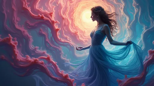 Prompt: (mesmerizing dreamscape), woman, ethereal beauty, vibrant colors, (streaming colors), surreal morphing shapes, flowing patterns, dynamic fluid movements, seamless transitions, haunting atmosphere, dreamlike ambiance, state of the art visuals, high detail, luminous highlights, enchanting twilight hues, ultra-detailed, captivating expression, imaginative landscape.