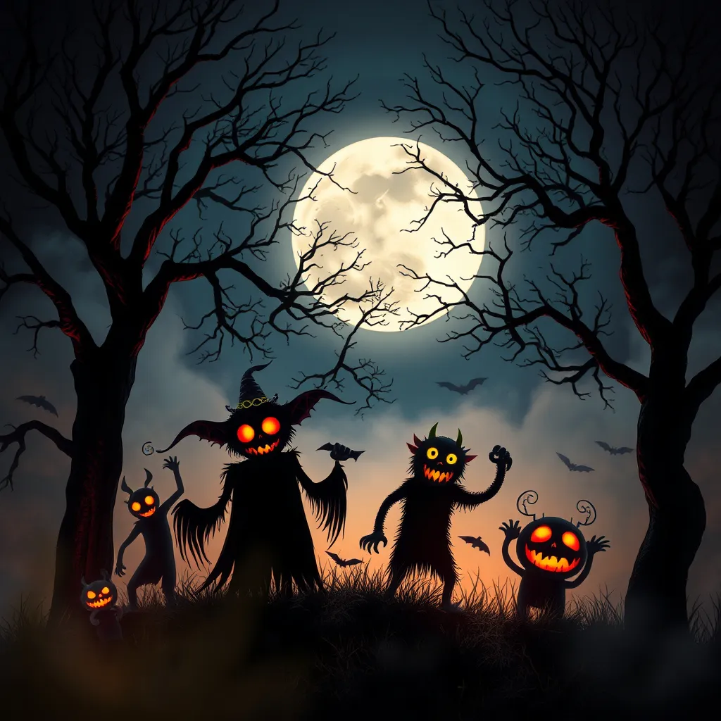 Prompt: (Halloween monsters), eerie atmosphere, spooky light background, (misty shadows), glowing moonlight, scary trees, eerie silhouettes, whimsical yet spooky, vivid colors, high detail, (unsettling atmosphere), fantastic creative design, ultra detailed depiction, spooky appeal, perfect for Halloween theme.