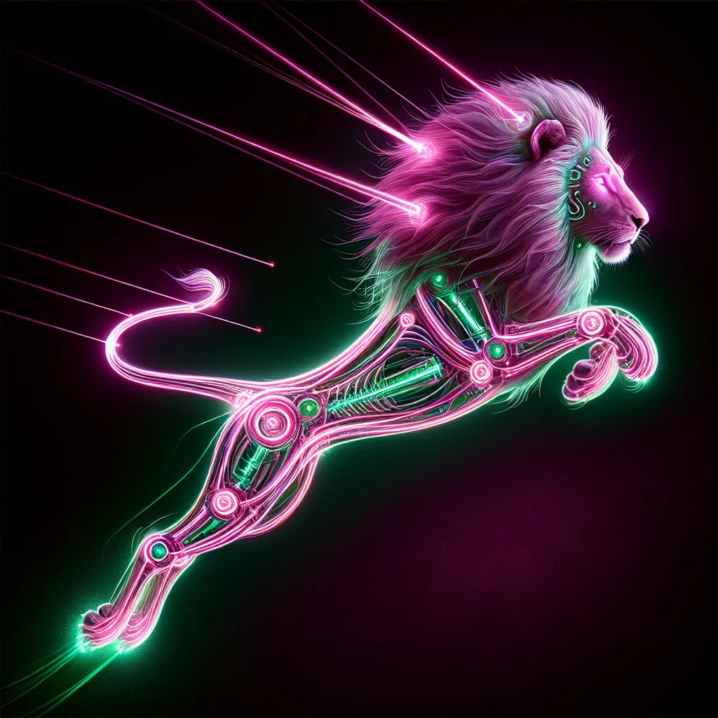 Prompt: a perfect light drawing of a leaping lion, where creativity is fused into a dazzling, exciting display. The lion's form is outlined with neon magenta light, its interior has a green glowing structure that constantly shifts and rearranges. Its body is translucent, revealing its inner workings. The eyes are bright magenta lasers that scan the environment with intelligent, almost playful curiosity. The legs are made of flexible, segmented light rods that allow for agile and fluid movements. This light drawing captures the essence of an imaginative lion.