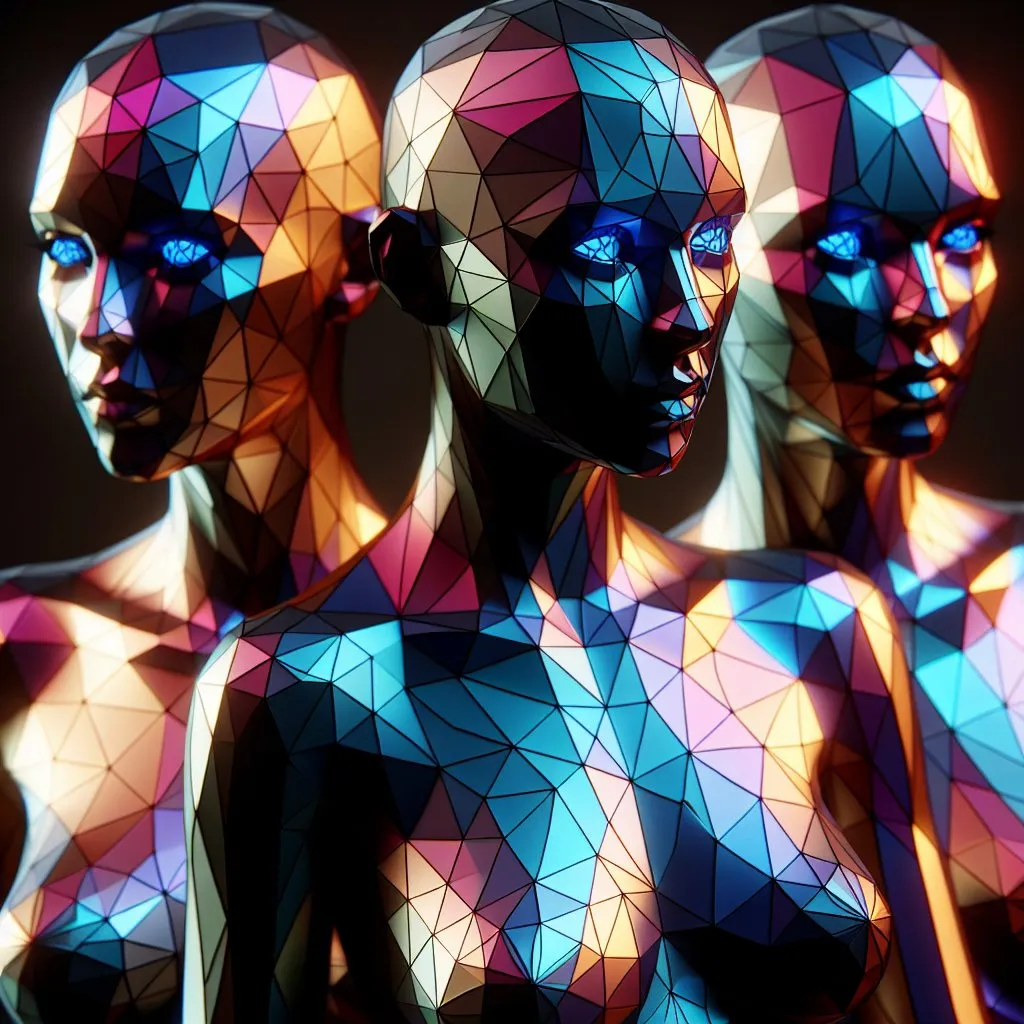 Prompt: Silhouette of 3 polygonal women body, 4k, multi metal colored, open blue eyes, artistic, impressive, beautiful, polygonal design, high contrast, striking shadows, modern art