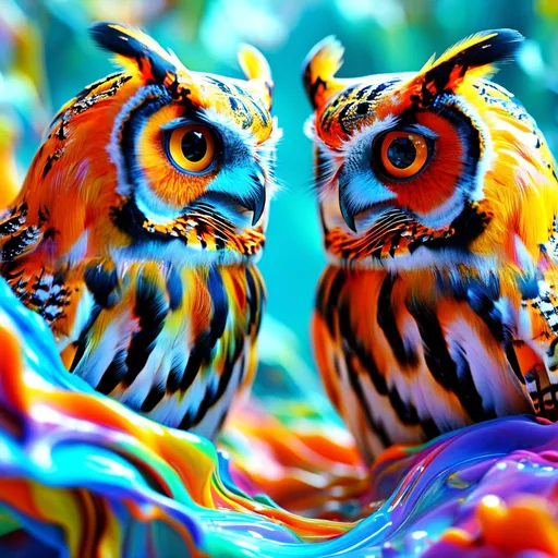 Prompt: (Colorful striped heads) of a female and male, owl  emerging from (vibrant liquid), gazing at each other with intensity, close-up side view from above, surrounded by (dynamic, swirling liquid background), showcasing an (ultra-detailed, high quality 3D full body rendering), with elaborate textures and reflections in the colors of the liquid, creating a captivating, surreal atmosphere. The overall scene evokes a sense of connection through color and form.