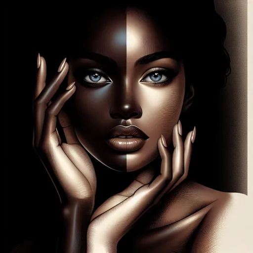 Prompt: It shows the face of a glamorous woman with black, cream-colored skin, her hands on her face and her blue eyes open, with a black background. In terms of color, the woman's body blends into the background . illustration, defined facial features and ambient occlusion rendering