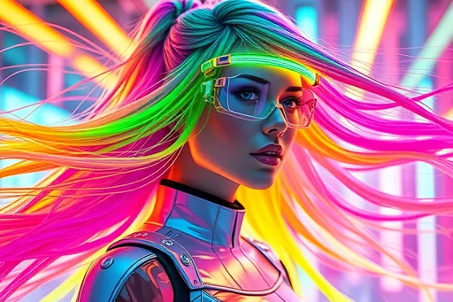 Prompt: (3D render futuristic woman), luminous multi-neon colored hair flowing in shades of green, orange, and violet, (holographic goggles shimmering with light), radiant and surreal atmosphere, futuristic clothing, sleek and modern design, vibrant lighting, high-tech surroundings, ultra-detailed, cinematic quality, imaginative and captivating, emphasizing a sense of wonder and advanced technology.