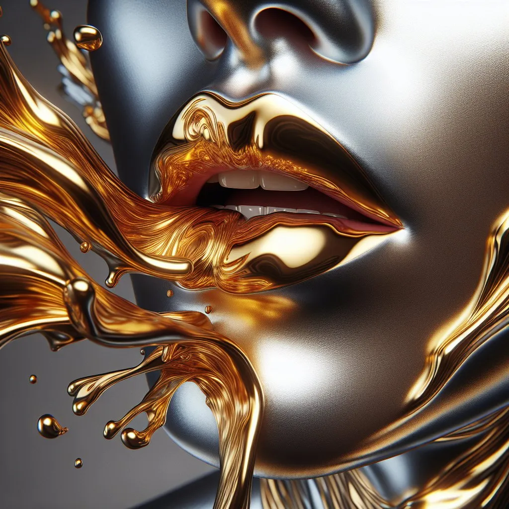 Prompt: Realistic representation of a woman's perfect lips, the mouth is a little bit open, sensual, white teeth can be seen a little, detailed representation of the beautifully sensual lips.
The lips are made of liquid flowing gold, it looks as if the liquid is constantly moving. The skin of the face is made of chrome.
Close-up from the front, focus on the lips, very realistic yet abstract, very realistic photo, HDR, 8k resolution