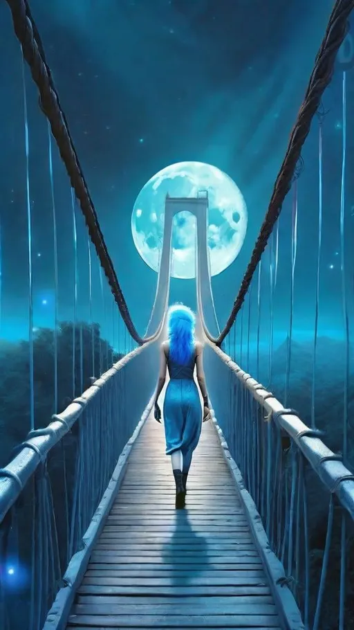 Prompt: Blue-haired woman walking across suspension bridge to the moon,  highres, surreal, realistic painted, dreamlike, cool tones, ethereal lighting, detailed hair, futuristic setting, mystical atmosphere