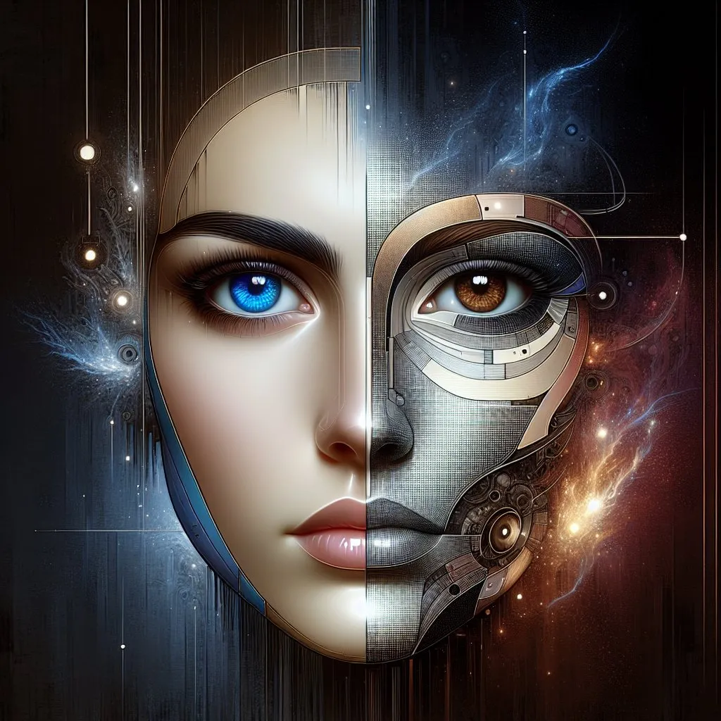 Prompt: a female vector head is split in the middle, on the left half is a blue-eyed punk woman, on the right half is a futuristic brown-eyed woman, the two halves of the vector head fall apart, there is a large gap on the forehead, there is a smaller gap on the neck, a bright light comes from the wide gap, detailed, professional, futuristic lighting. 4k, artistic, impressive, beautiful, high contrast, expressive representation, enigmatic atmosphere, high resolution, detailed, mysterious, abstract, surreal, enigmatic, intricate details, ethereal, emotional, minimalist, deep shadows,